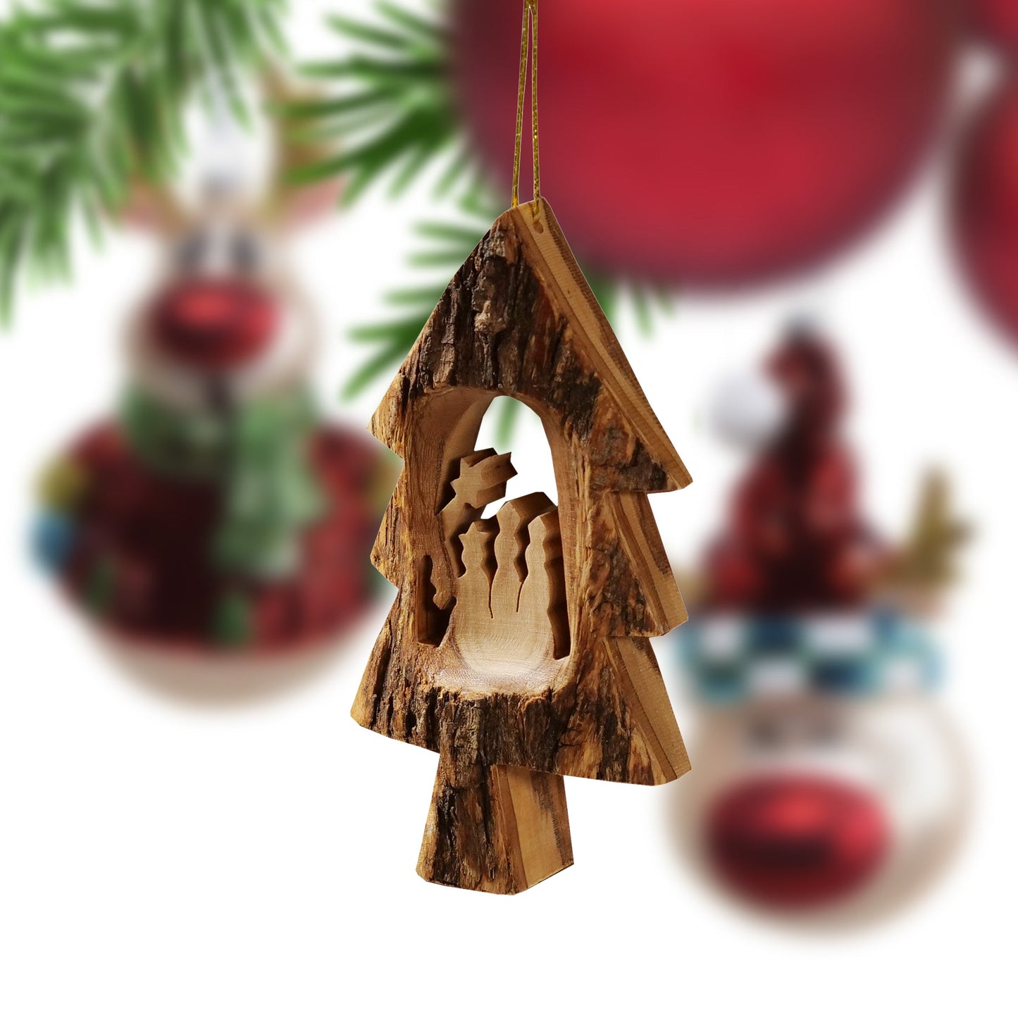 Weihnachtsdeko Baumschmuck Krippe im Tannenbaum mit Rinde 3er Set-3