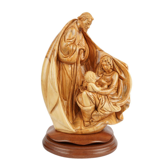 Heilige Familie mit Kind in den Armen – Handgeschnitzte Olivenholzskulptur aus Bethlehem (32 cm)-0