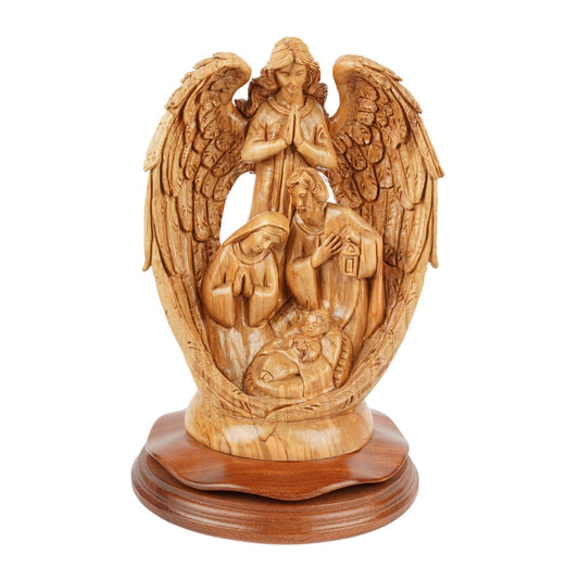 Handgeschnitzte Krippenszene mit Engel – Olivenholzskulptur aus Bethlehem (30 cm)-0