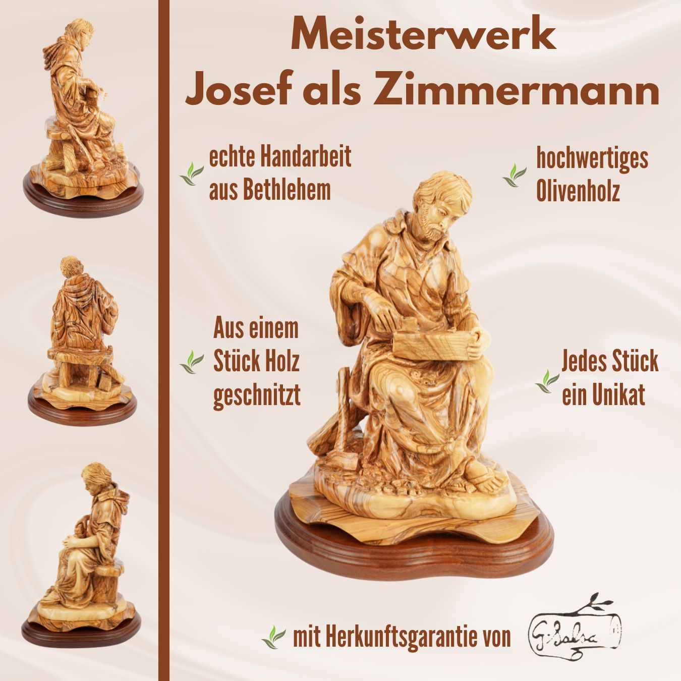 Handgeschnitzte Skulptur „Josef als Zimmermann“ – Olivenholzfigur aus Bethlehem (29 cm)-4