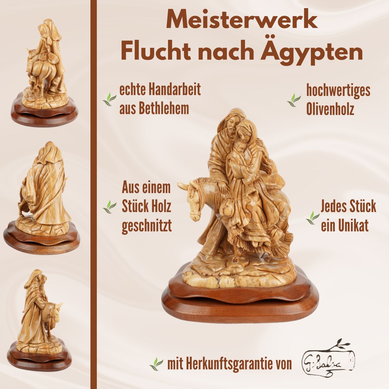 Flucht nach Ägypten – Handgeschnitzte Olivenholzskulptur aus Bethlehem (30 cm)-4
