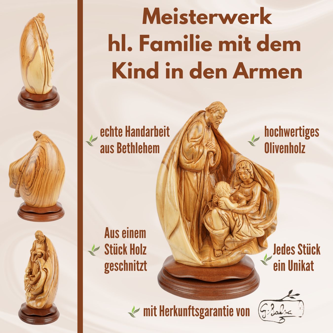 Heilige Familie mit Kind in den Armen – Handgeschnitzte Olivenholzskulptur aus Bethlehem (32 cm)-4