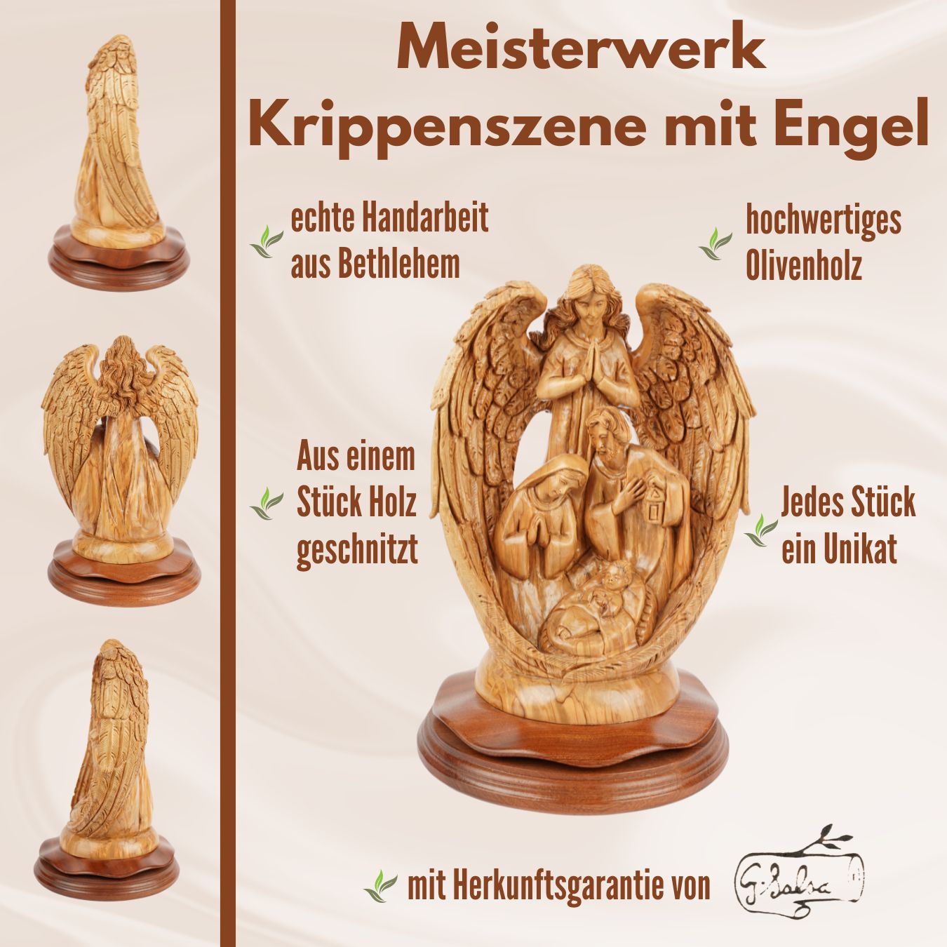 Handgeschnitzte Krippenszene mit Engel – Olivenholzskulptur aus Bethlehem (30 cm)-4