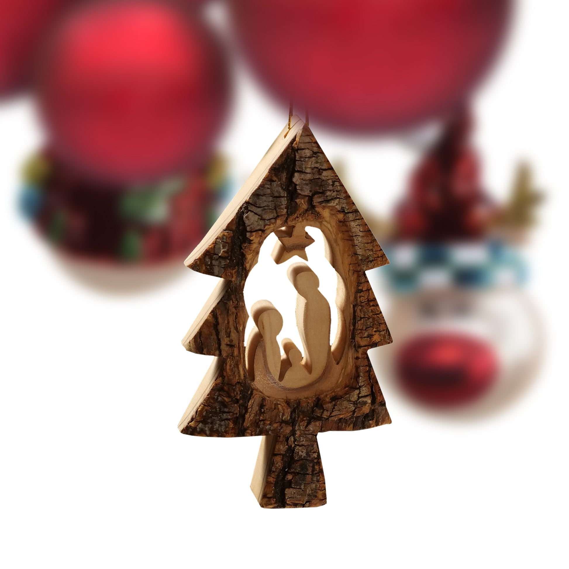 Weihnachtsdeko Baumschmuck Krippe im Tannenbaum mit Rinde 3er Set-4