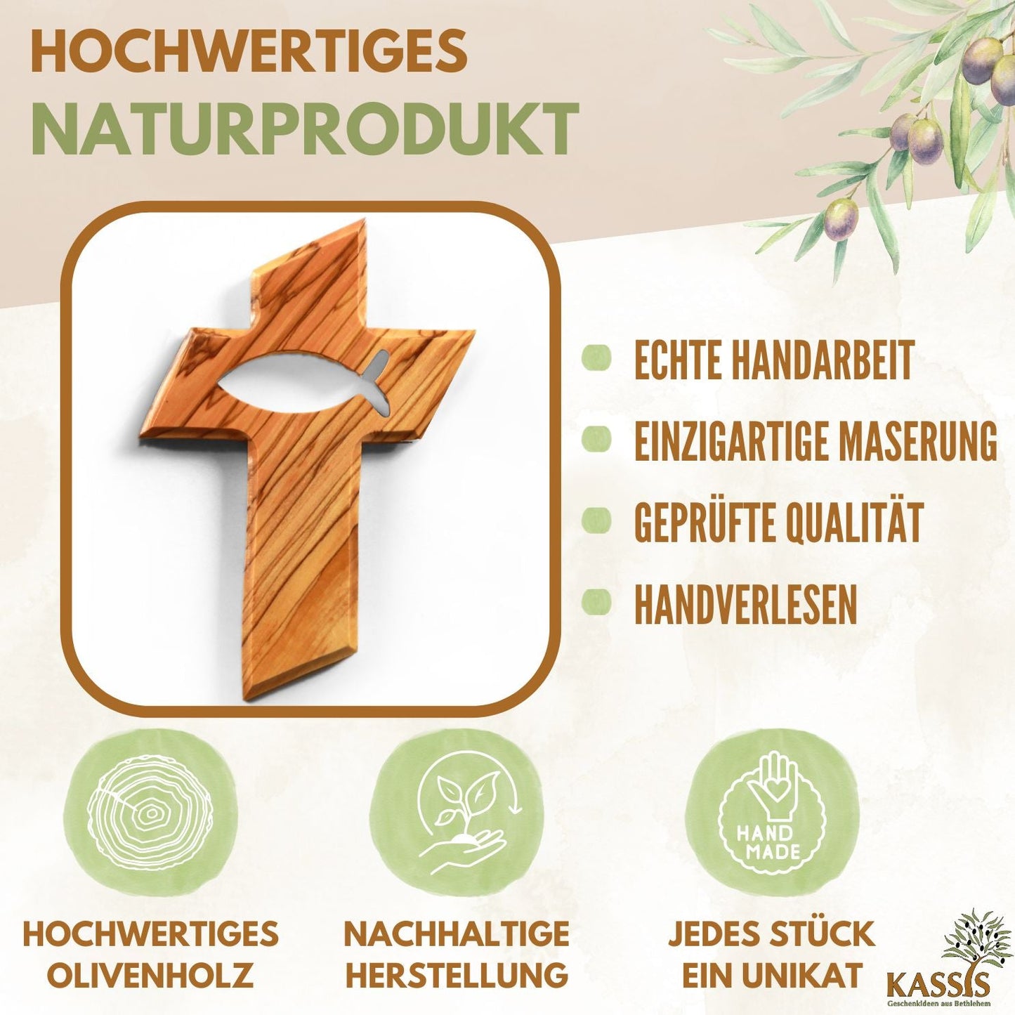 Olivenholz Wandkreuz mit Fisch-1