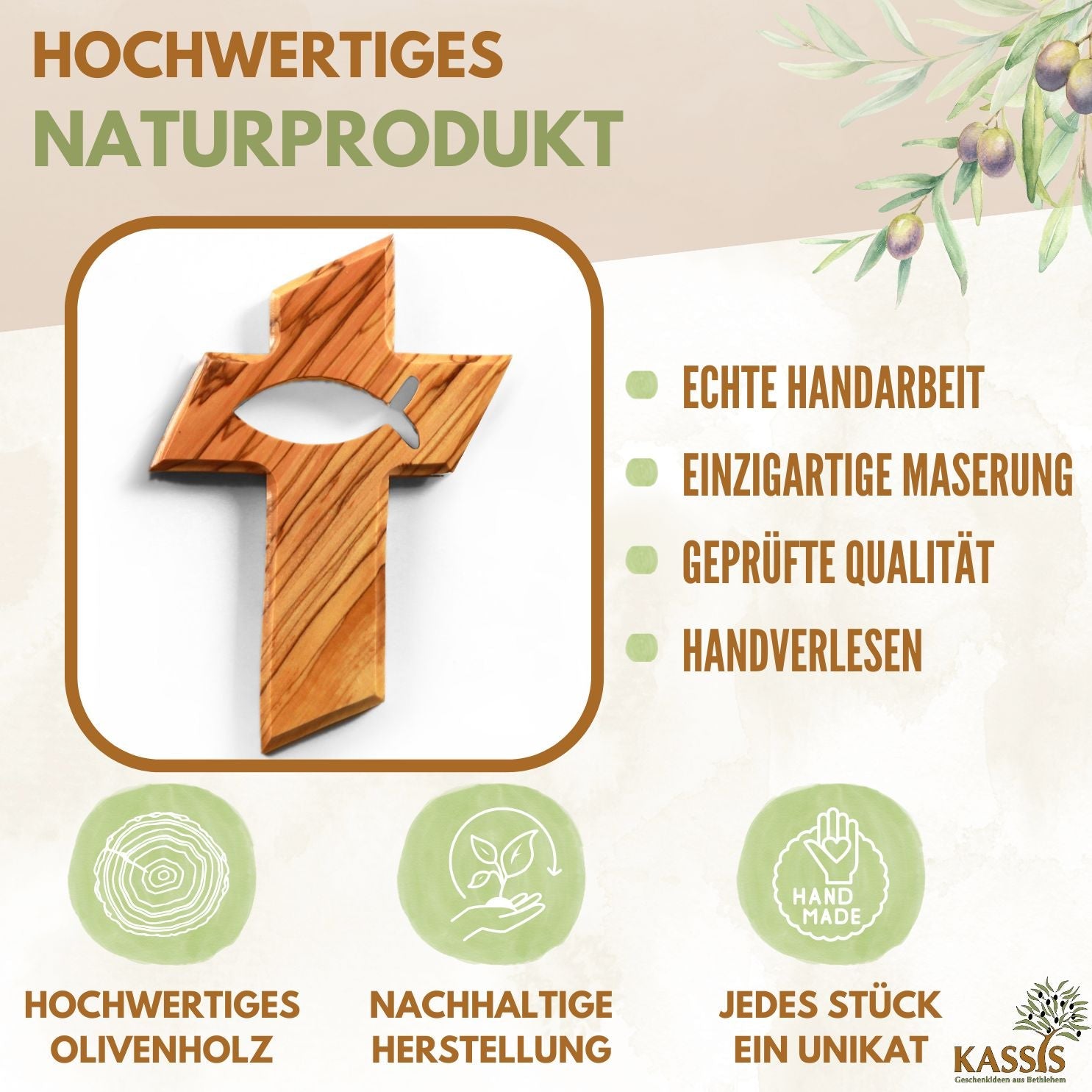 Olivenholz Wandkreuz mit Fisch-1