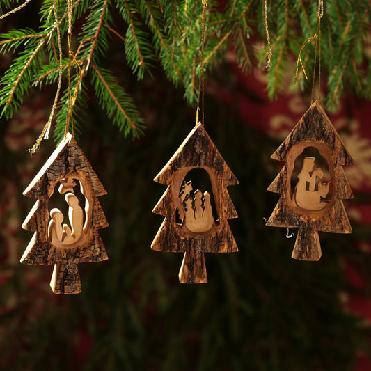 Weihnachtsdeko Baumschmuck Krippe im Tannenbaum mit Rinde 3er Set-0