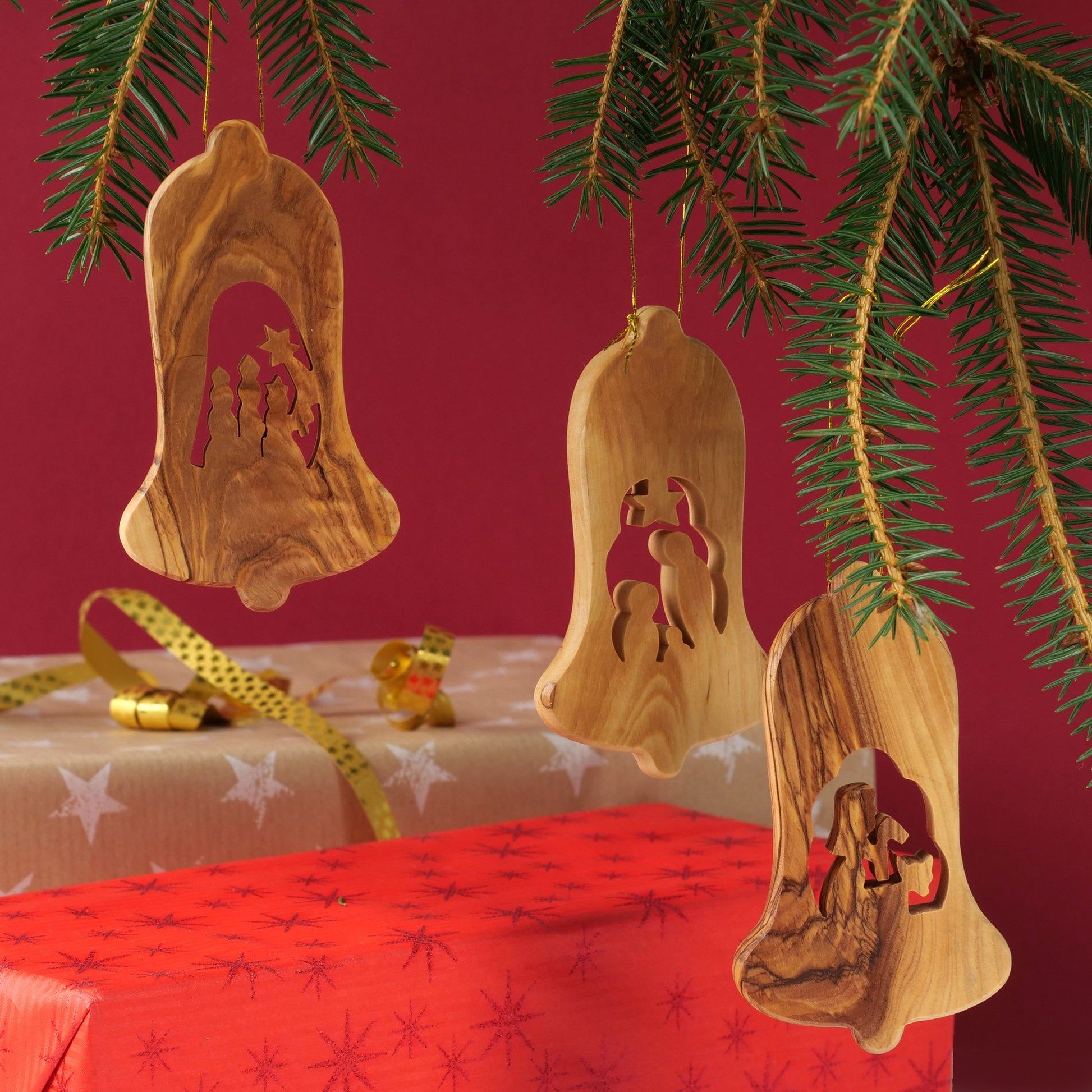 Weihnachtsdeko Baumschmuck Krippe 3er Set Glocke Anhänger - ohne Rinde-2