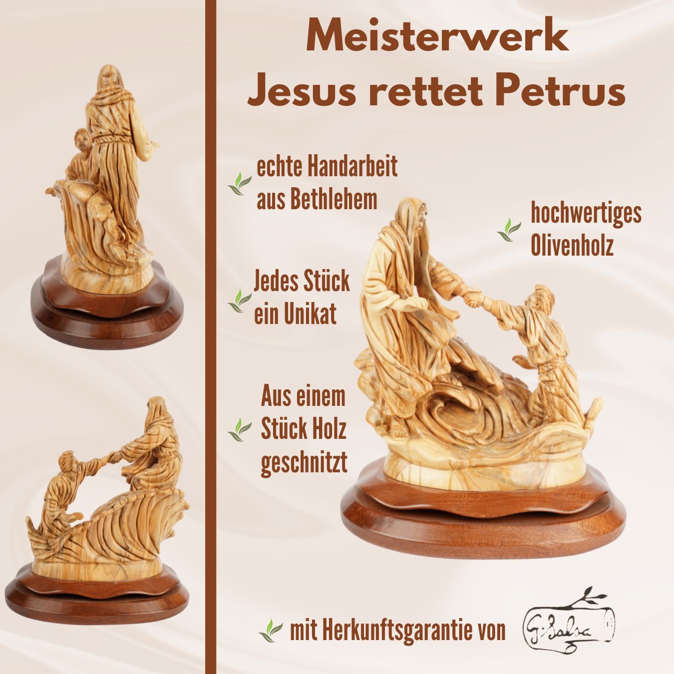 Handgeschnitzte Szene „Jesus rettet Petrus“ – Exklusive Olivenholzskulptur aus Bethlehem (23 cm)-3