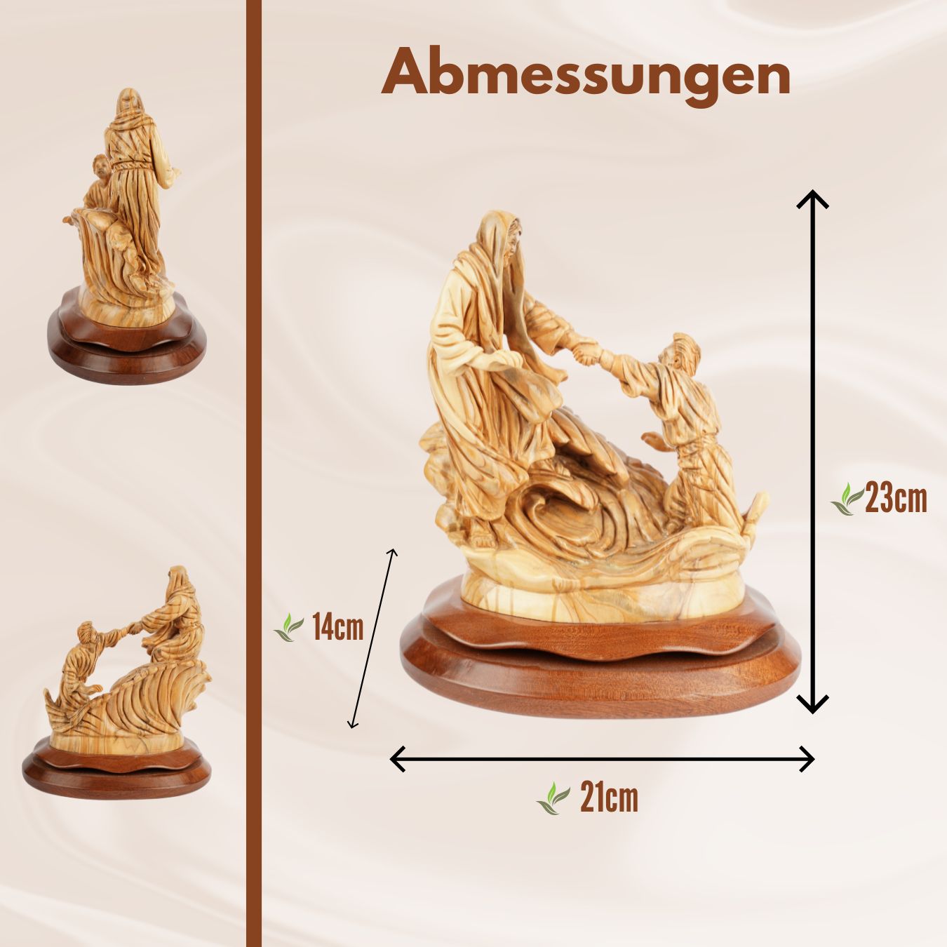Handgeschnitzte Szene „Jesus rettet Petrus“ – Exklusive Olivenholzskulptur aus Bethlehem (23 cm)-4