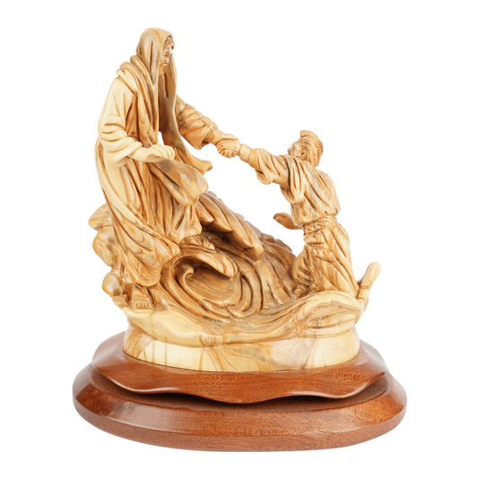 Handgeschnitzte Szene „Jesus rettet Petrus“ – Exklusive Olivenholzskulptur aus Bethlehem (23 cm)-0